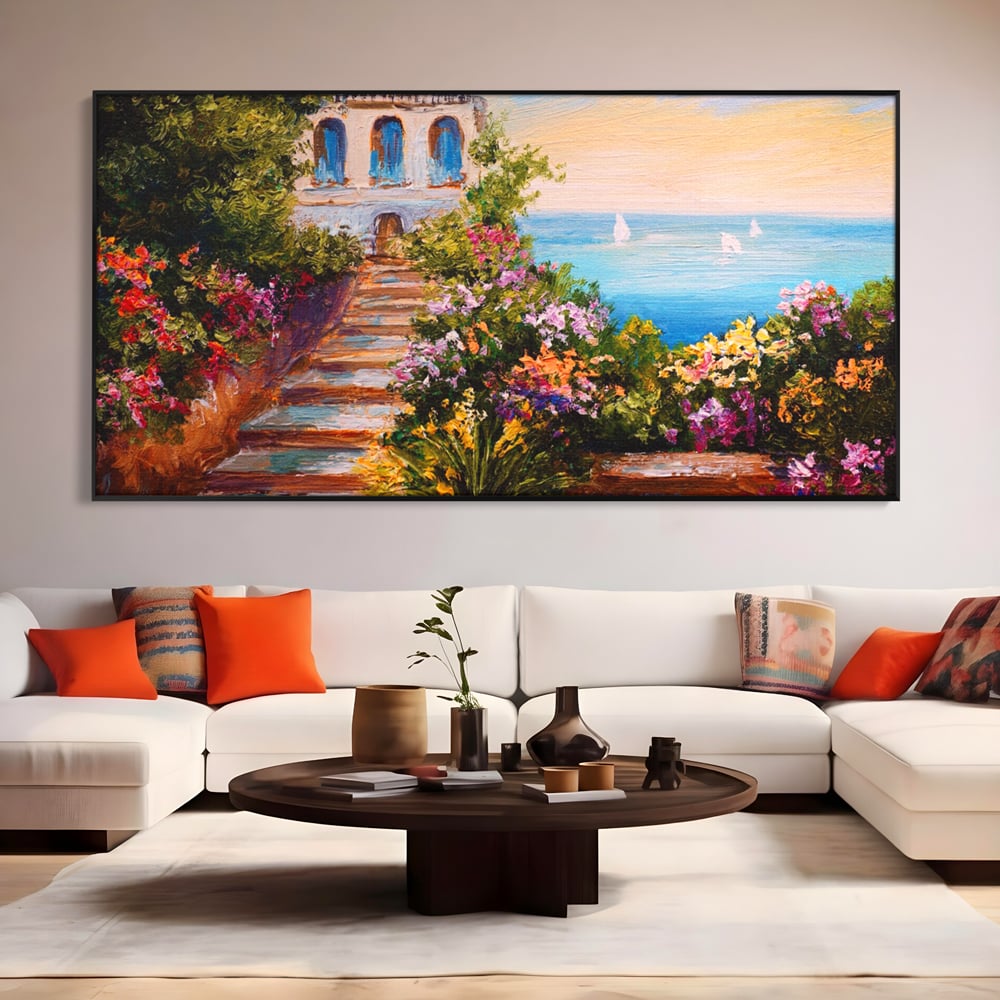 Tablou canvas cu pictura cu scari florale spre mare, in rama de aluminiu negru, pe perete intr-un living
